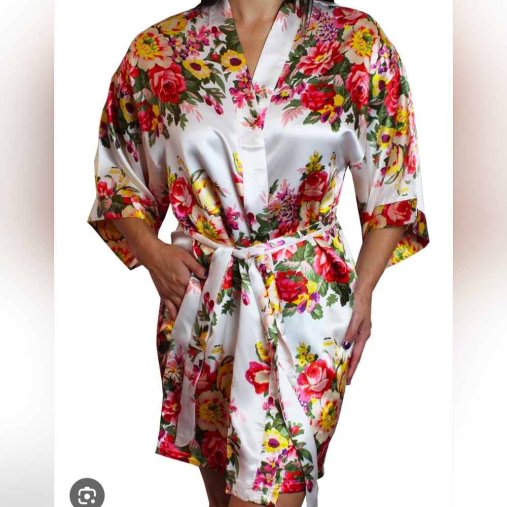 Floral Satin Kimono Robe - Vibrant Pink and Yellow